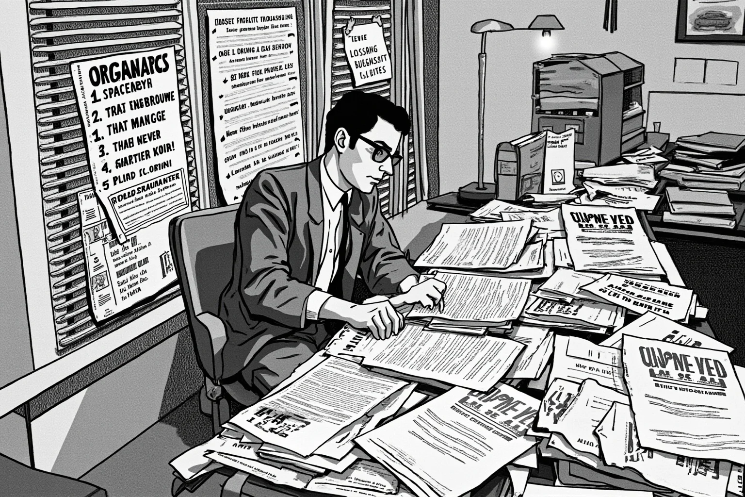 Unsung Heroes History Doesn't Talk About Enough 7 Illustration of a civil rights era organizer at a desk covered in papers and event flyers, planning a large public march