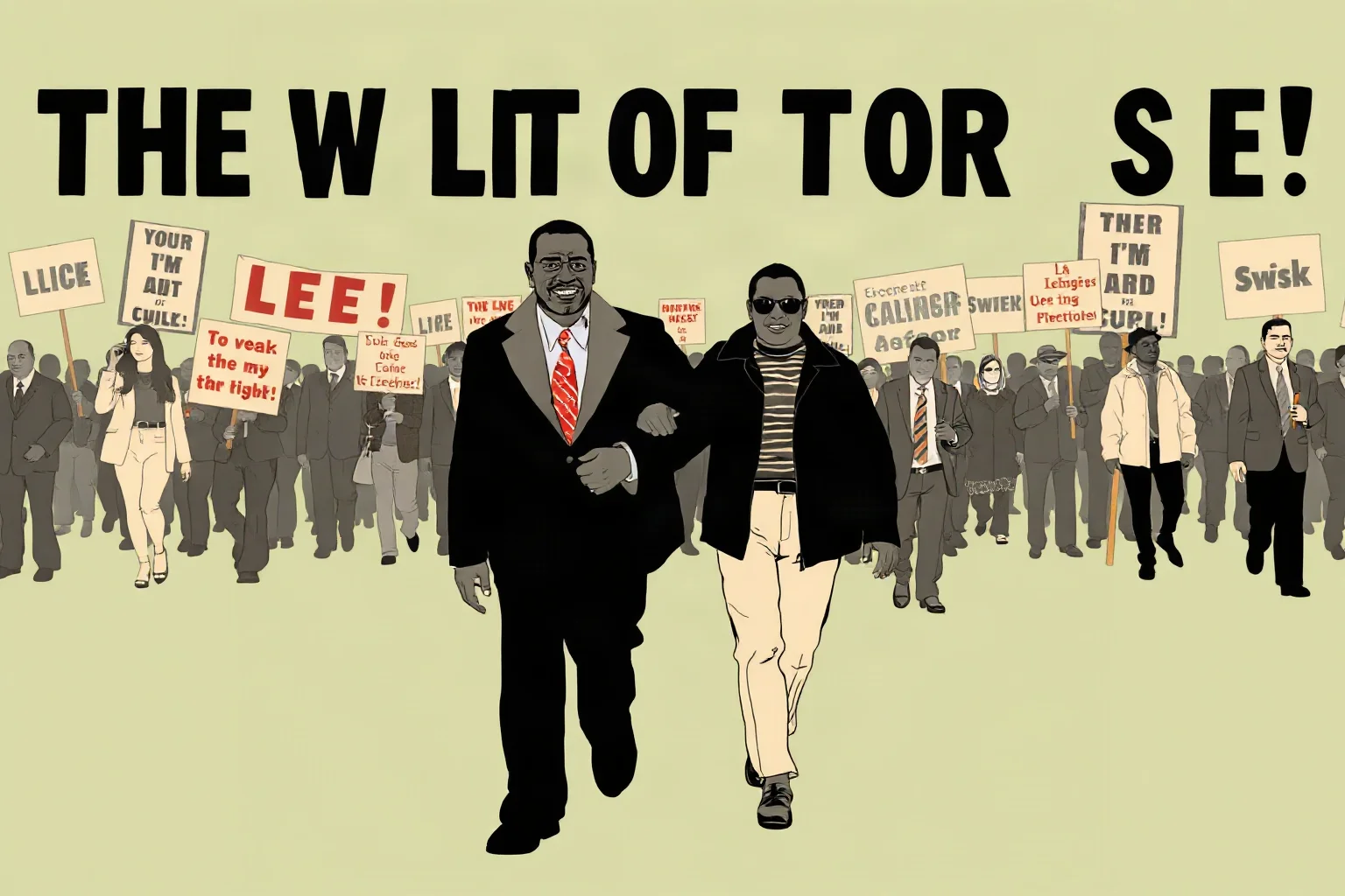Illustration of a civil rights leader marching arm in arm with a crowd, banners in the background, 1960s protest poster art style