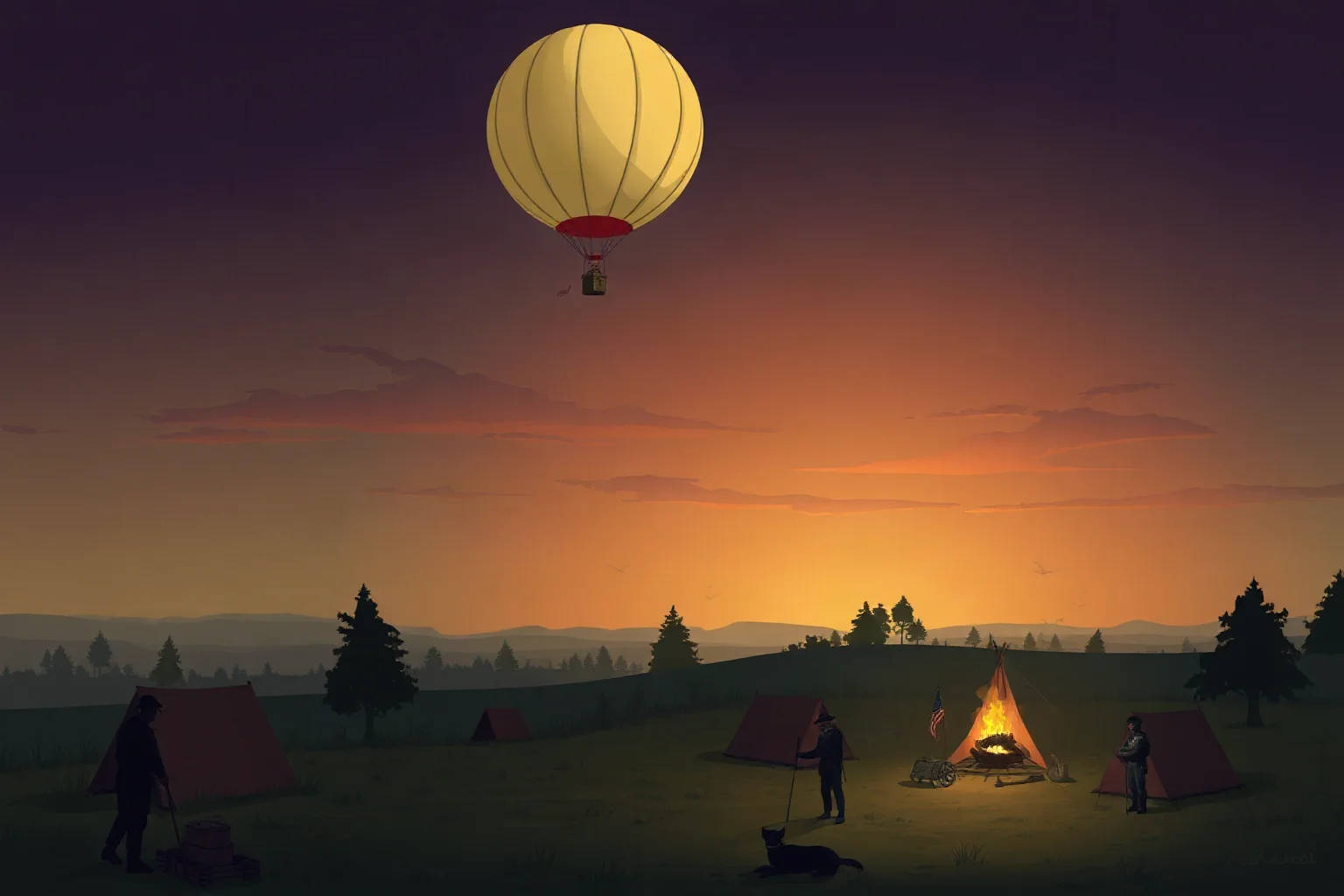 Illustration of a Civil War-era hydrogen observation balloon rising above an army encampment at dawn