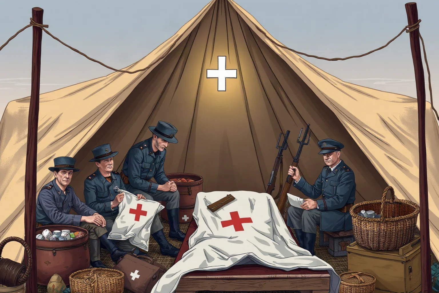 Illustration of a Civil War field hospital tent with medical supplies and bandaged soldiers, respectful and non-graphic