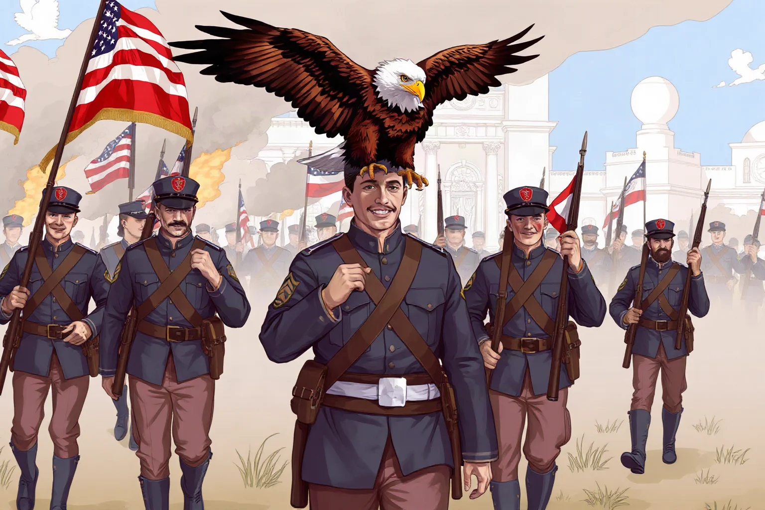 Illustration of a Civil War regiment marching with a bald eagle mascot perched on a soldier's shoulder