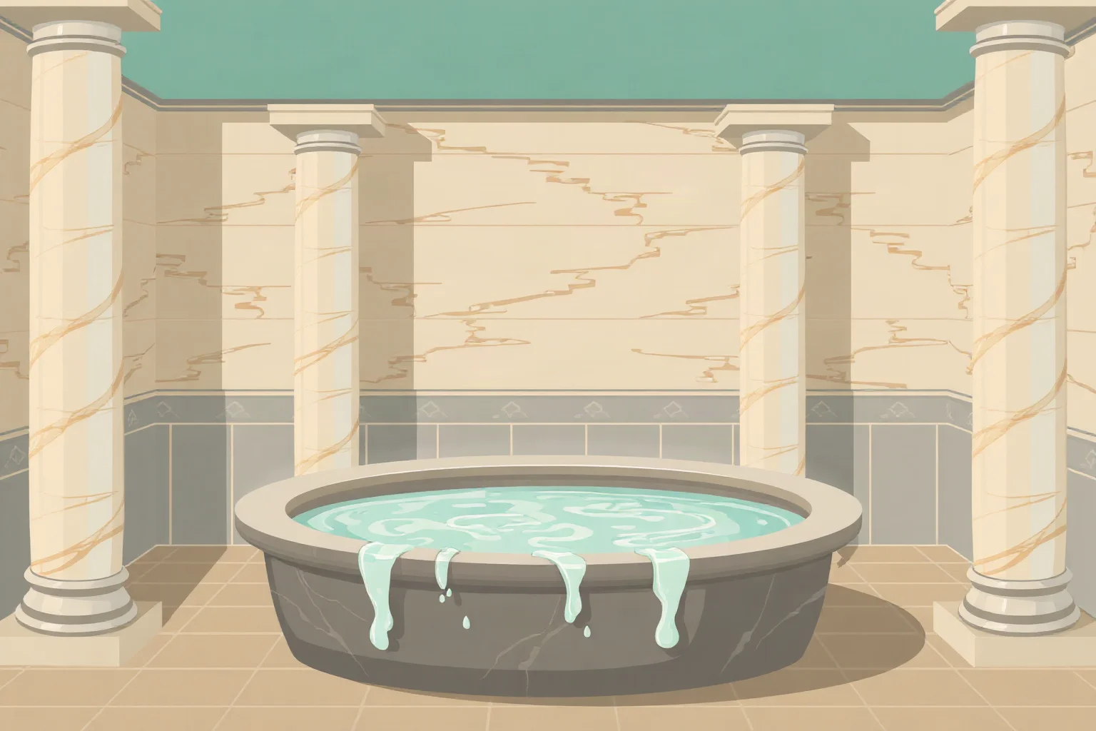 Illustration of a classical bathhouse with marble columns and a stone tub overflowing with water