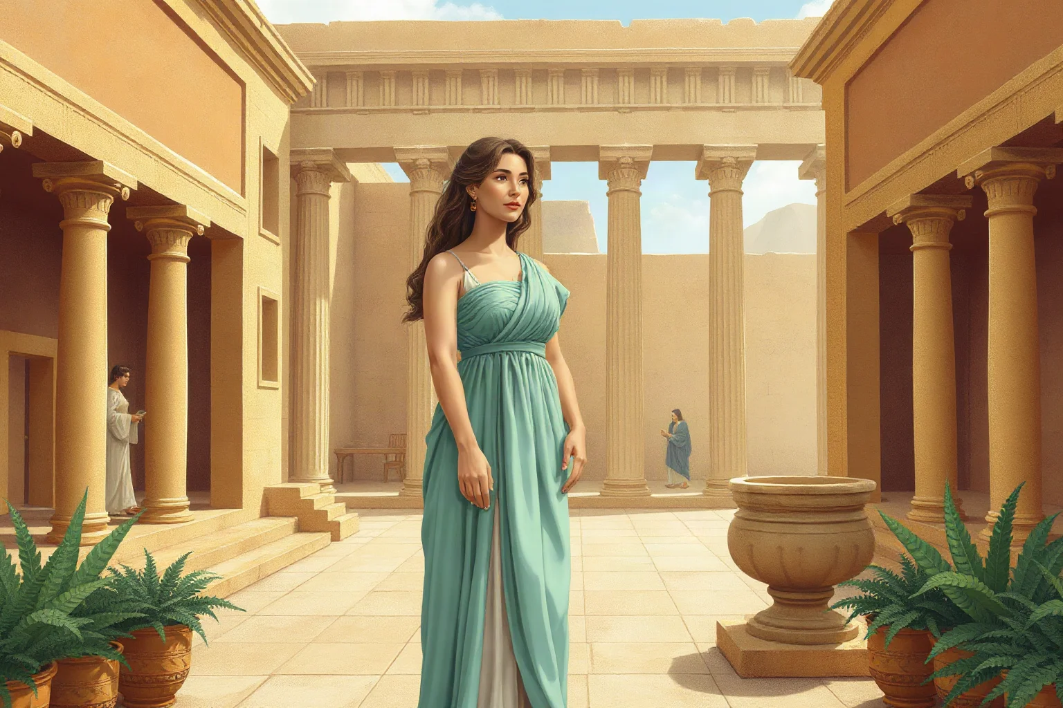 Illustration of a classical Greek woman in draped robes in an ancient Athenian courtyard, philosophical scene in the background