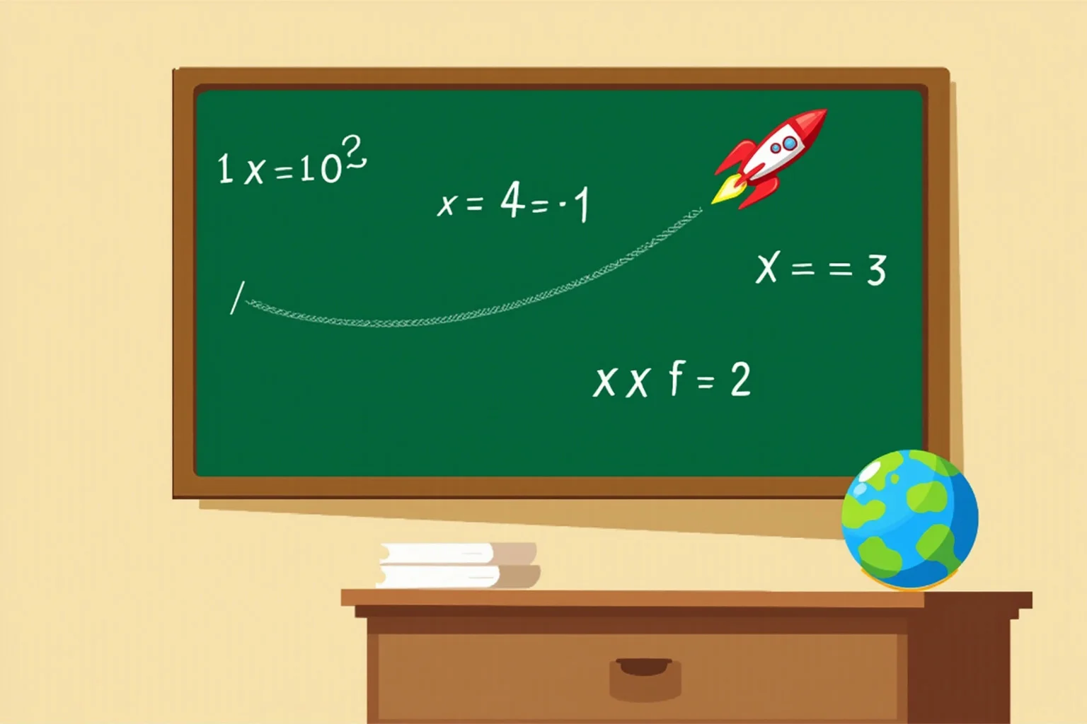 Facts About The Space Race: 25 Things Everyone Gets Wrong (or Right) 22 Illustration of a classroom chalkboard with math and rocket equations and a small globe on the desk