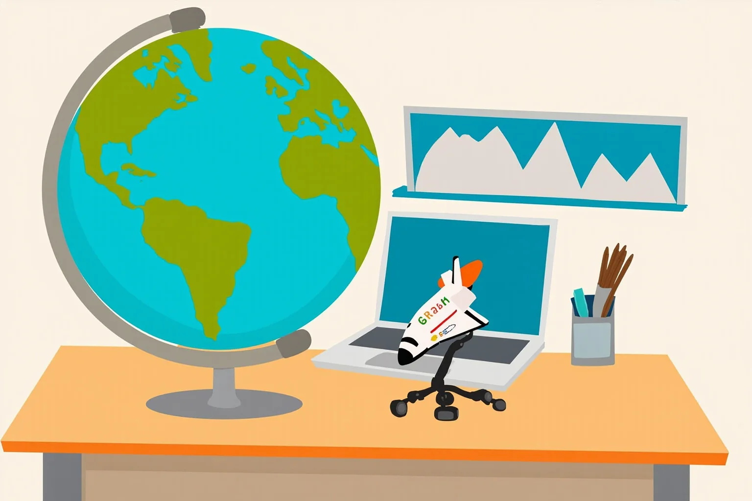 Illustration of a classroom globe and a small toy space shuttle model on a desk, symbolizing an educator's dream of spaceflight