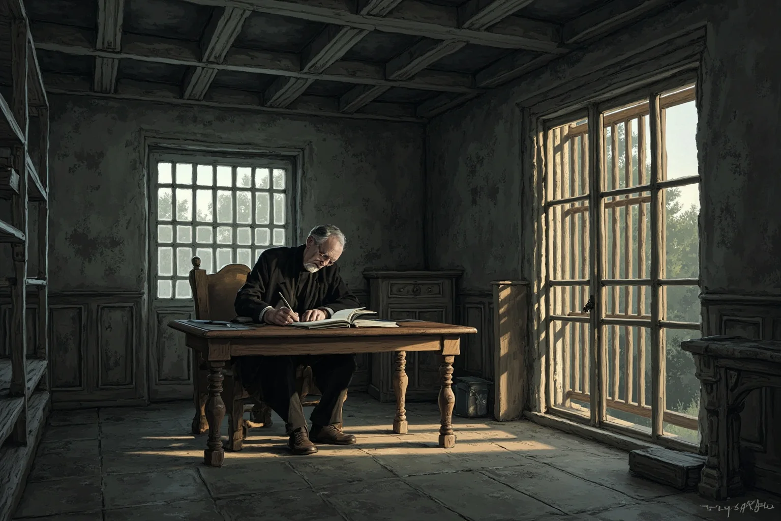 Illustration of a clergyman writing at a desk in a sparse prison cell, reflective mood