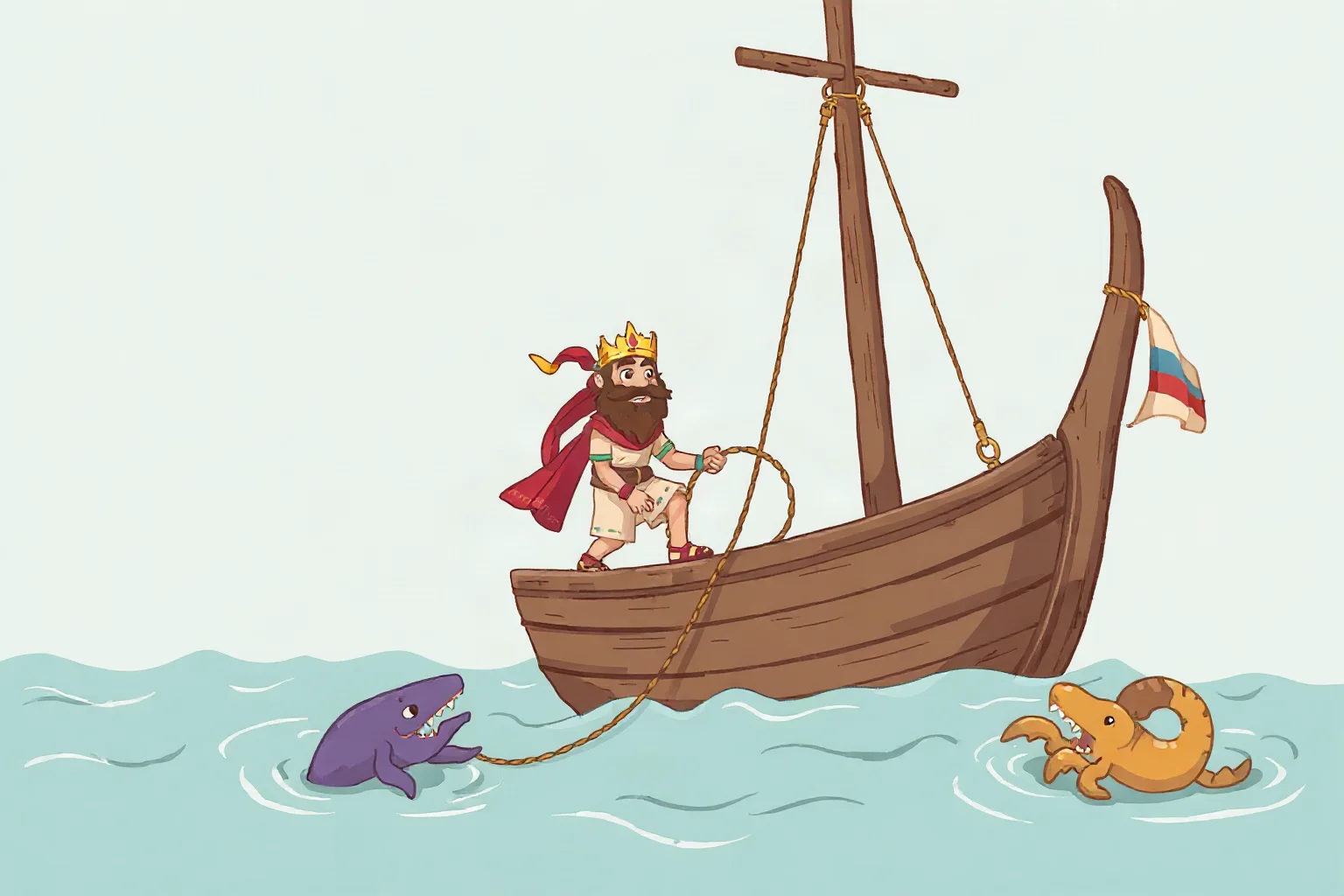 Illustration of a clever ancient Greek traveler tied to the mast of a wooden ship, sea creatures nearby