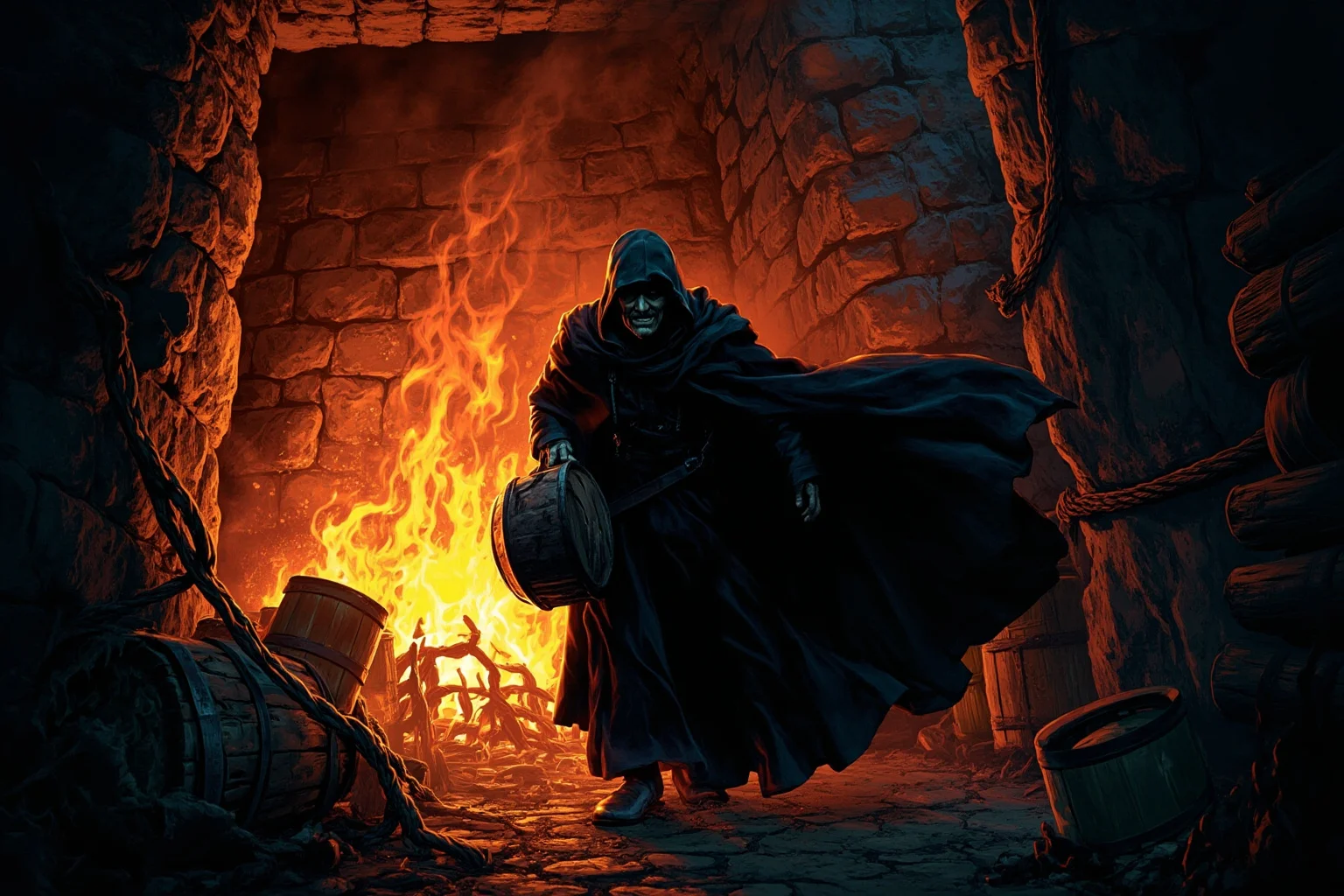 Historical Villains Who Were Actually Heroes 13 Illustration of a cloaked conspirator sneaking through a torch-lit cellar carrying gunpowder barrels, historical thriller style