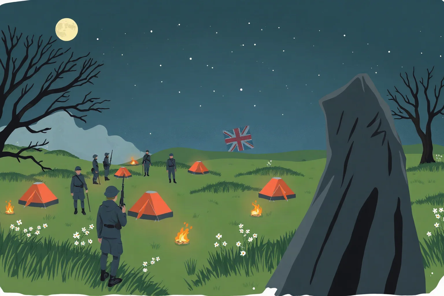 Illustration of a cloaked figure quietly observing a British military camp at night
