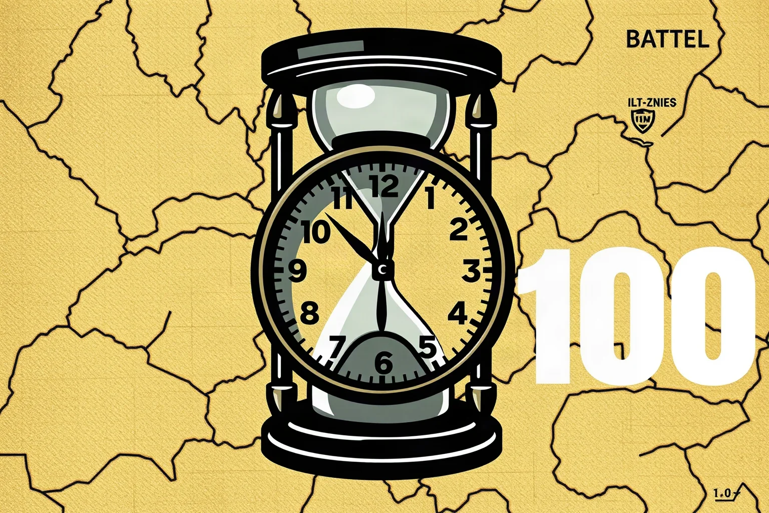 Illustration of a clock or hourglass overlapping a faded battle map, symbolizing 100 hours