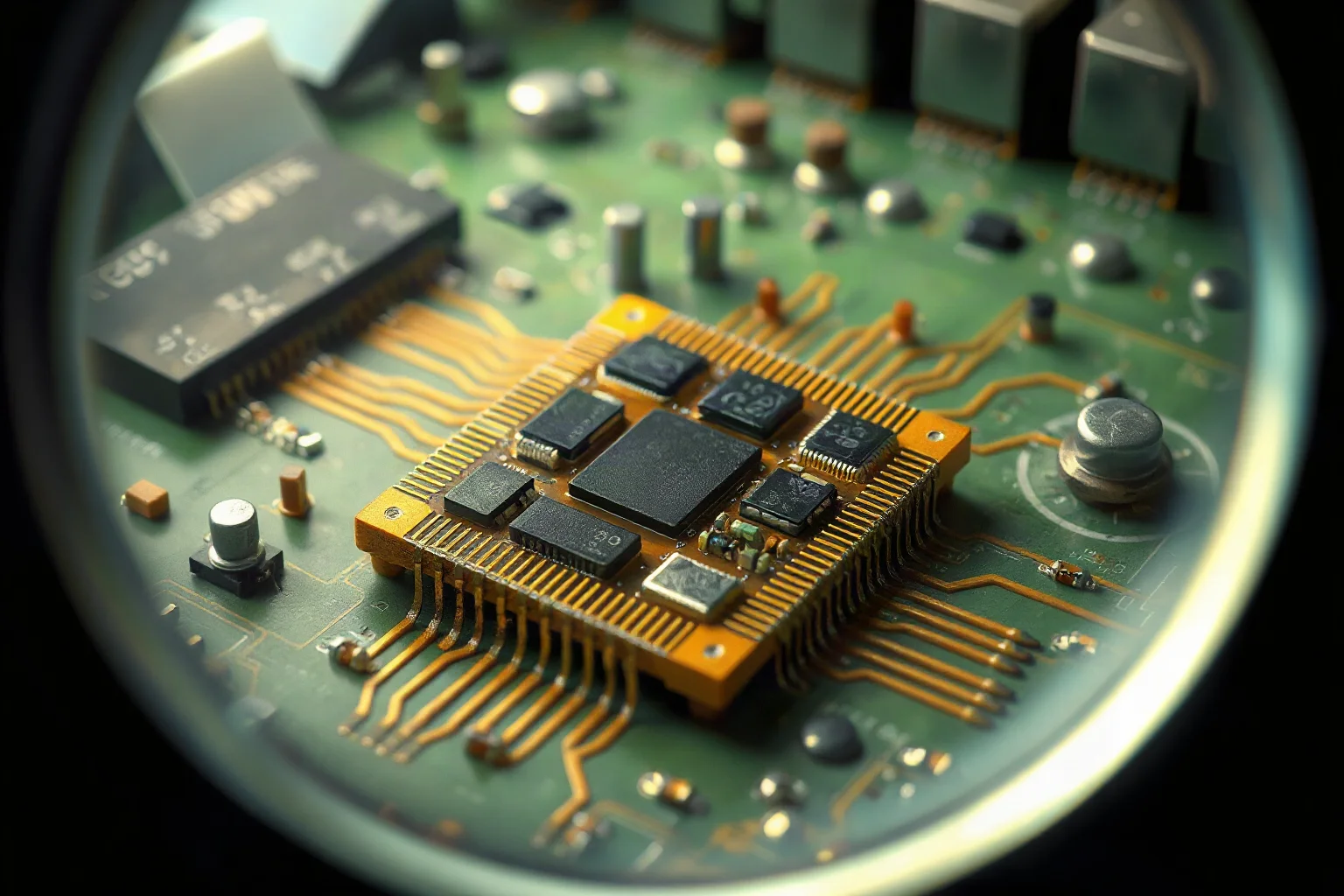Illustration of a close-up magnified view of an early integrated circuit chip on a circuit board, 1950s tech lab