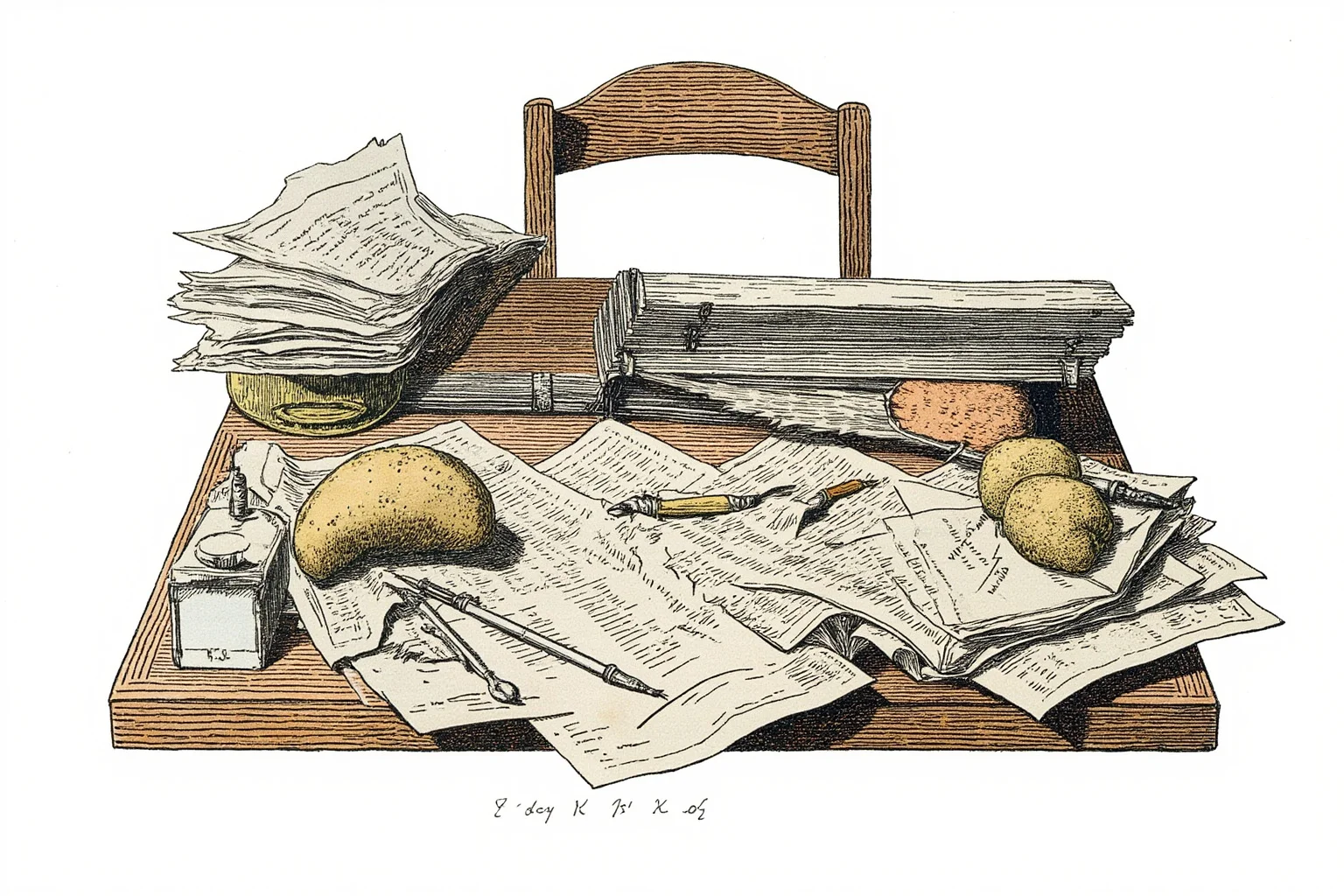 John Montagu, the Earl of Sandwich Who Popularized Our Favorite Lunch Food 12 Illustration of a cluttered 18th-century administrative desk with papers, a quill pen, and a simple bread-and-meat snack