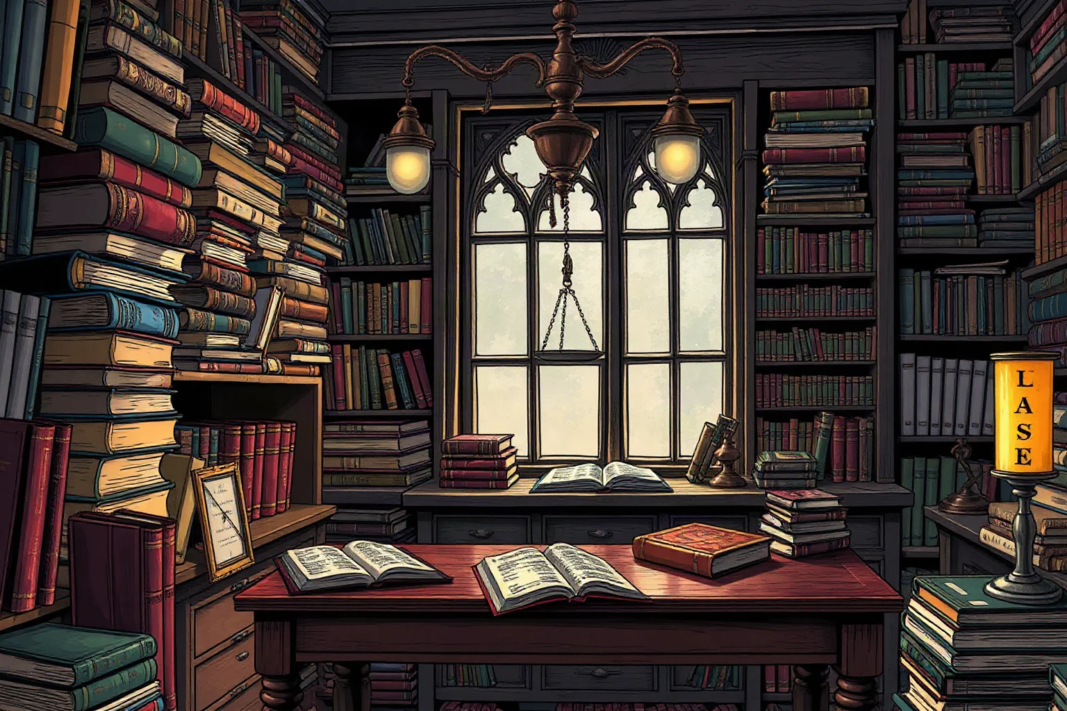 Illustration of a cluttered 19th-century lawyer's study with stacked law books and candlelight