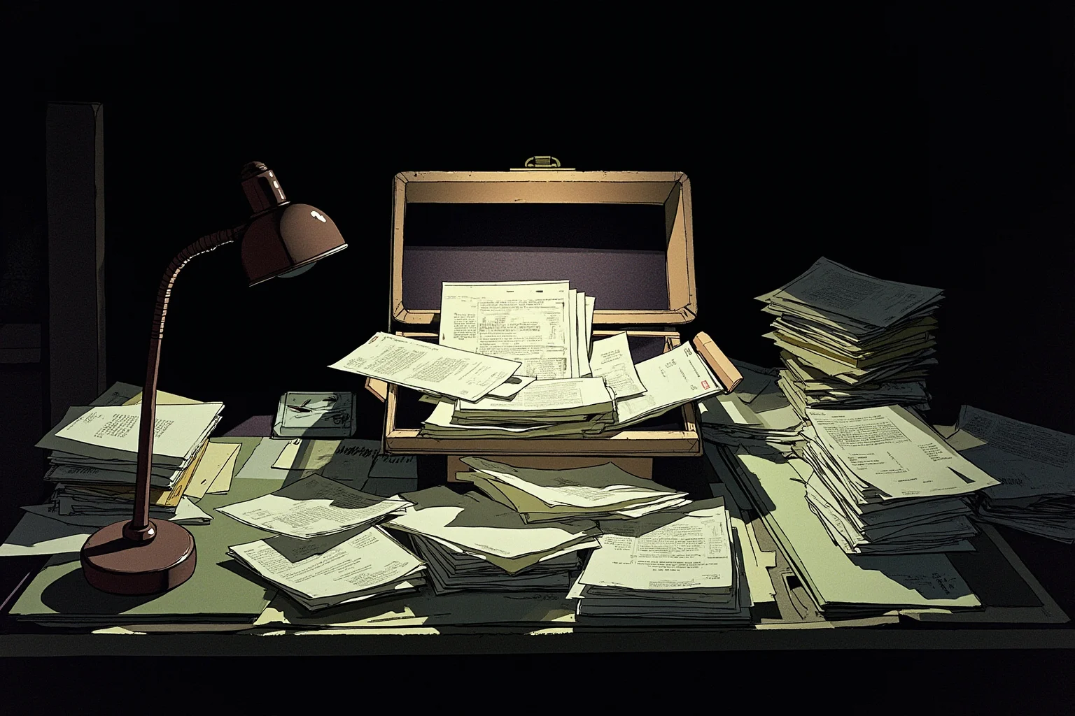 The Heartbreaking Life Story of Judy Garland: 26 Facts You Should Know 20 Illustration of a cluttered desk with unpaid bills and stacked letters, moody lighting, 1960s style