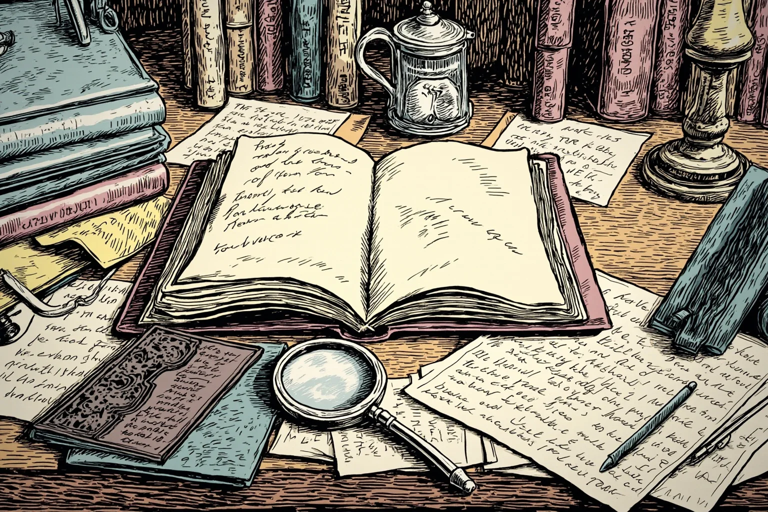 Illustration of a cluttered Victorian study desk covered in notebooks, papers, and a magnifying glass