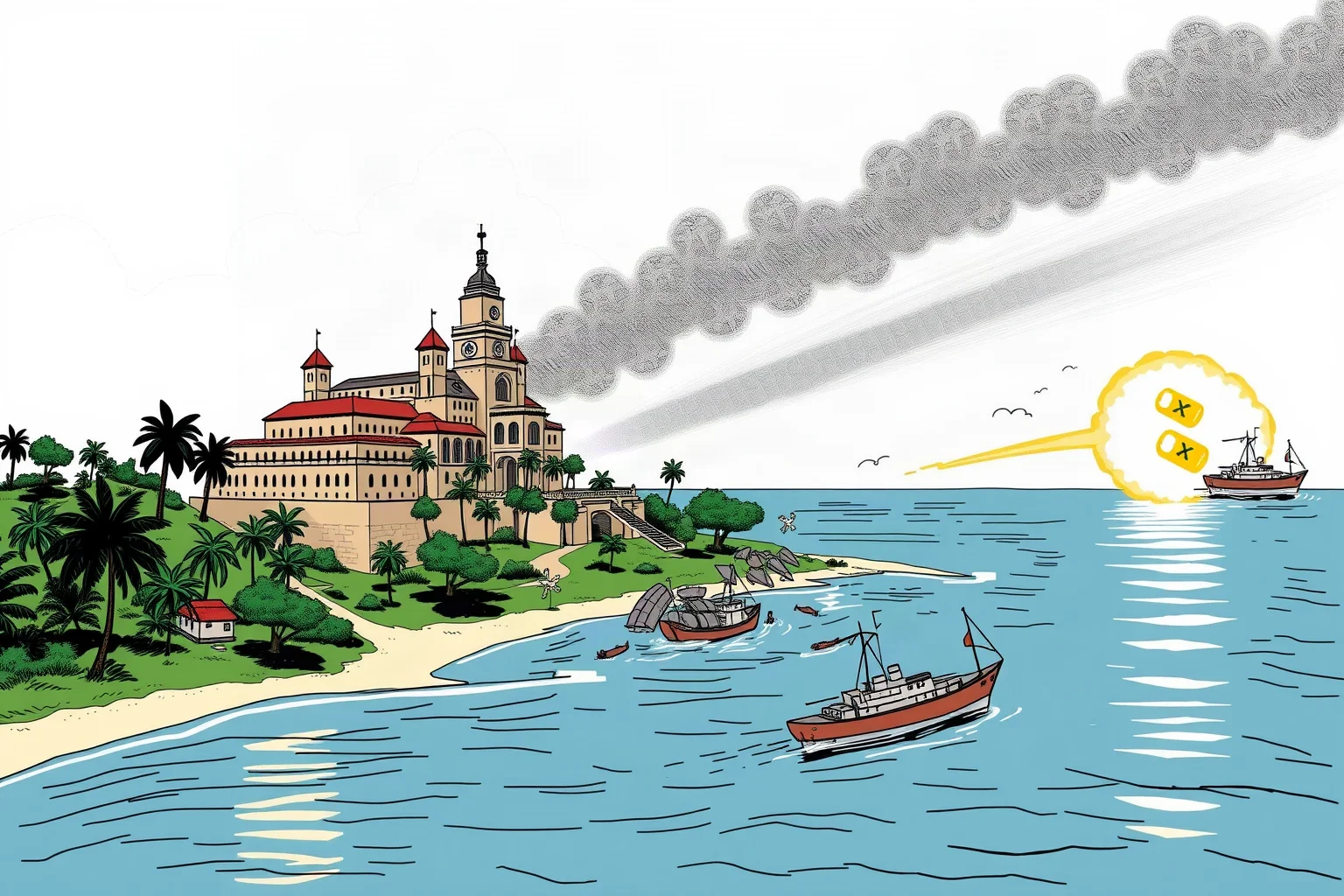Illustration of a coastal palace under naval bombardment representing the brief Anglo-Zanzibar War