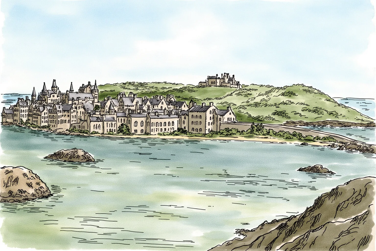Illustration of a coastal Scottish university town with medieval stone college buildings at St Andrews