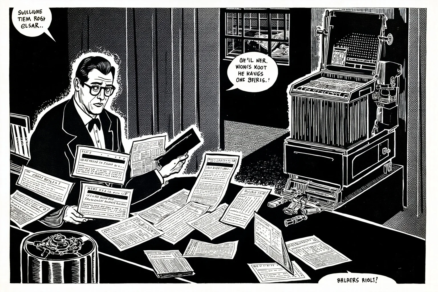 Illustration of a codebreaker at a desk surrounded by intercepted telegrams and a decoding machine in a dim office