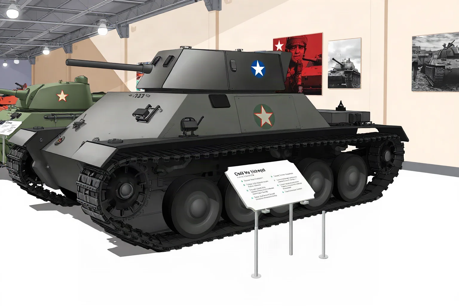 Illustration of a Cold War-era tank on display with a small placard, museum setting