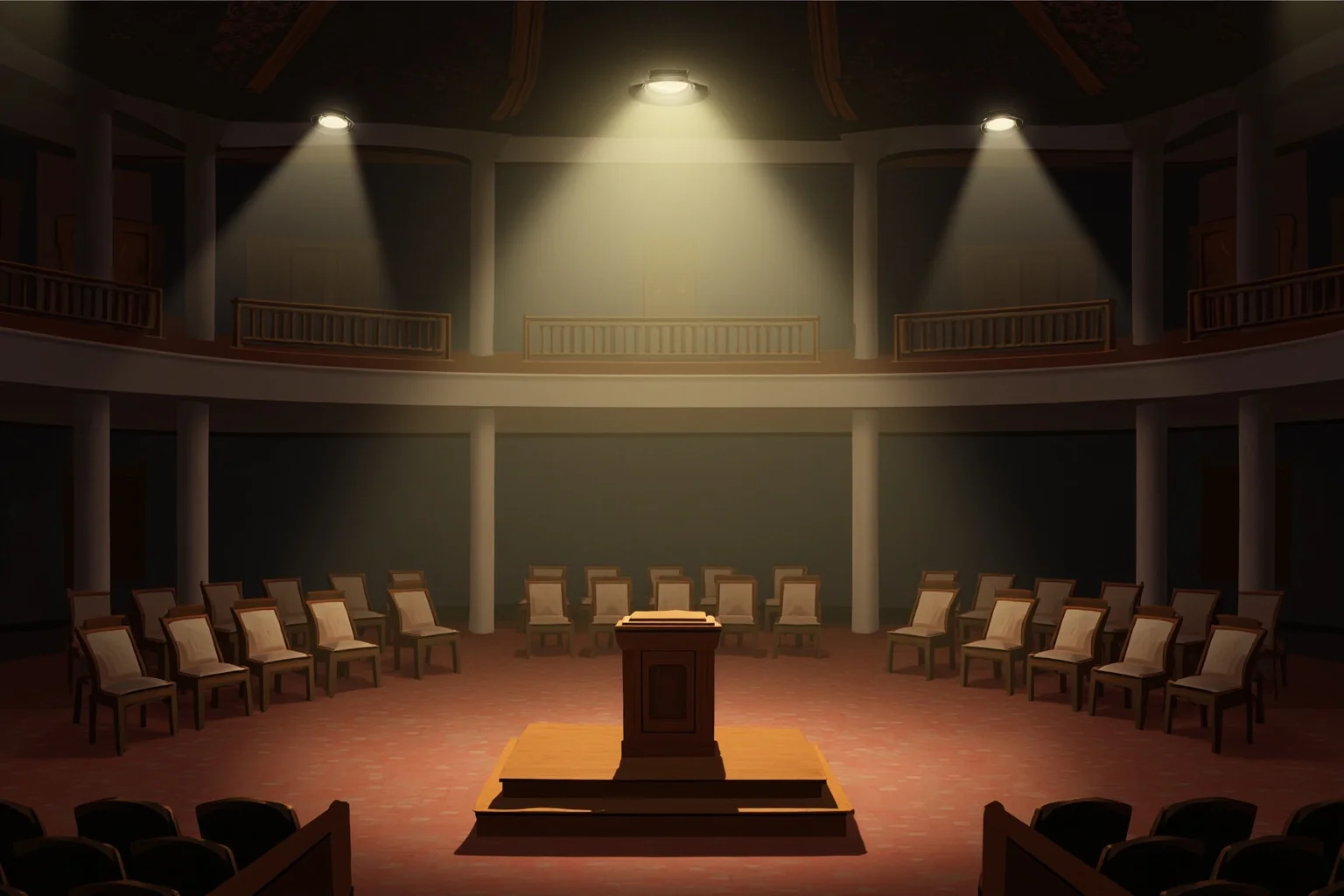 Illustration of a colonial assembly hall with empty wooden podium and rows of empty chairs, dramatic lighting
