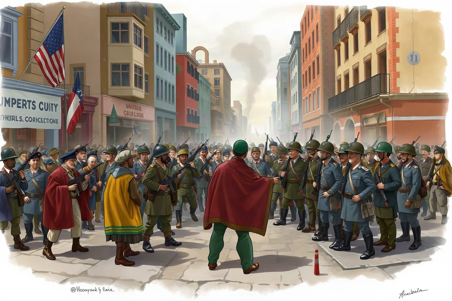 Illustration of a colonial dockworker crowd confronting armed soldiers in a tense city street scene
