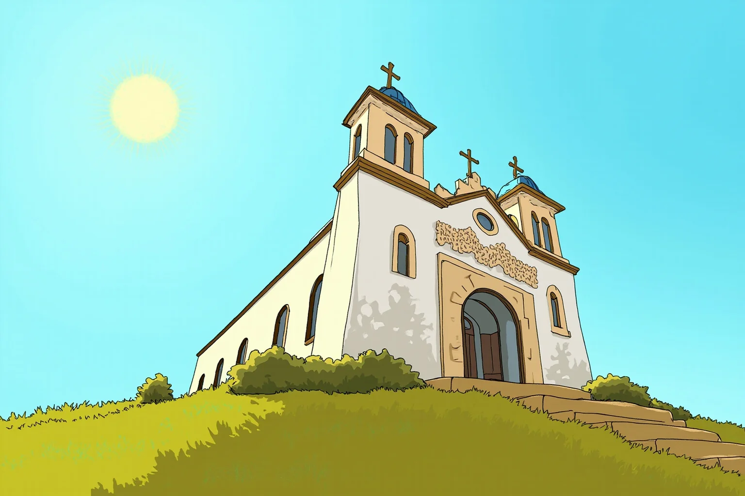 Illustration of a colonial-era Central American church on a hilltop under bright sun