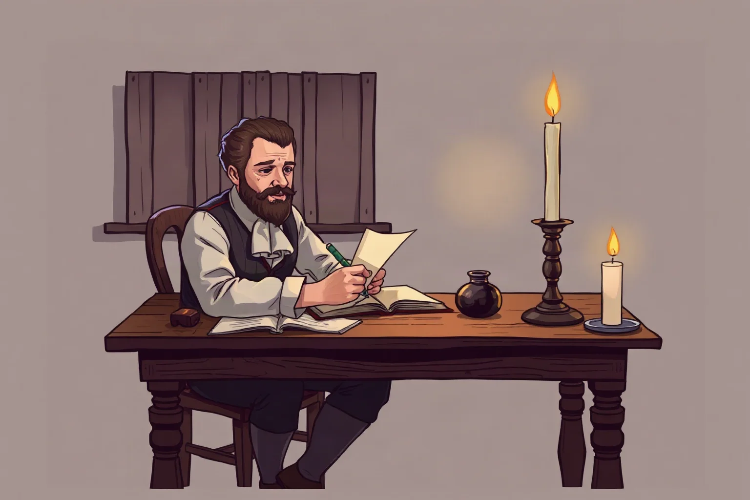 Illustration of a colonial-era pamphleteer writing by candlelight at a wooden desk covered in papers and an inkwell
