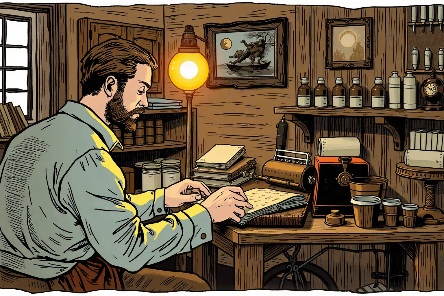 Illustration of a colonial-era printer setting type in a small 18th-century print shop by lamplight
