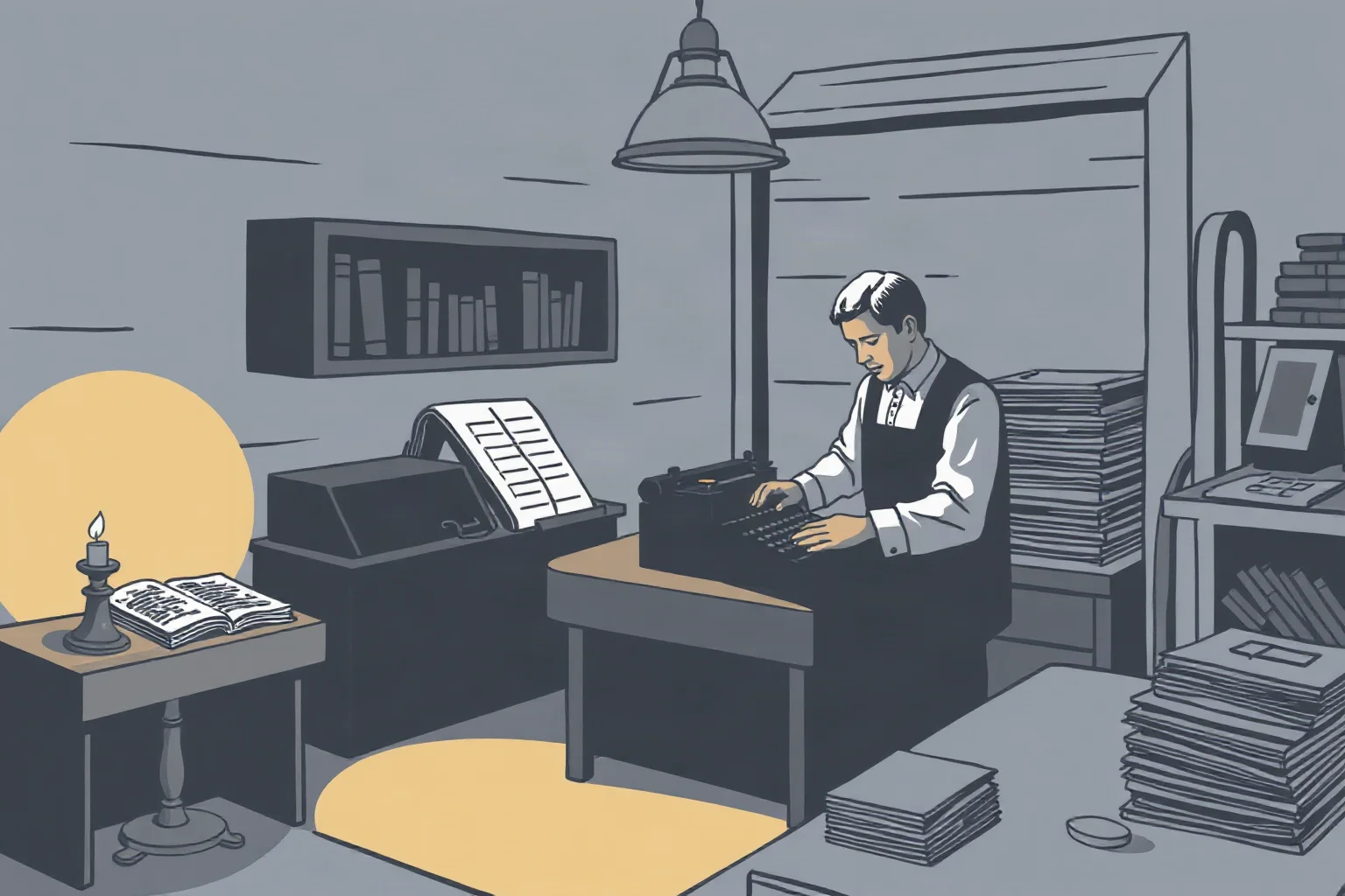 Illustration of a colonial-era printer setting type by candlelight, pamphlets stacked nearby