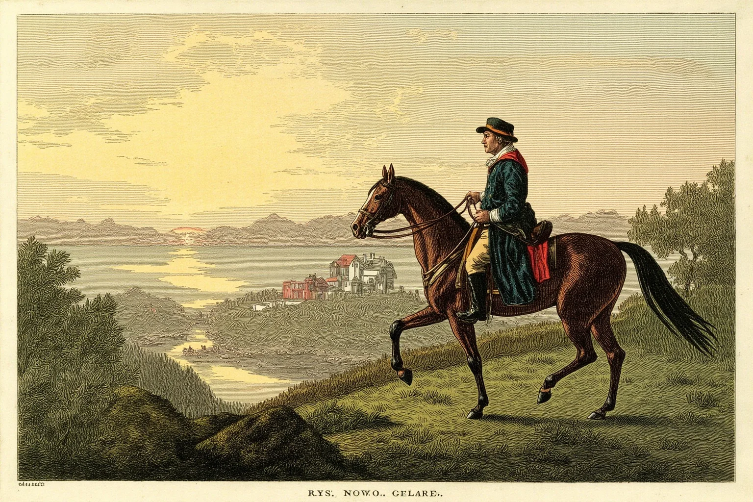 Unsung Heroes History Doesn't Talk About Enough 5 Illustration of a colonial-era schoolteacher and landowner on horseback riding past a small New England town at dawn