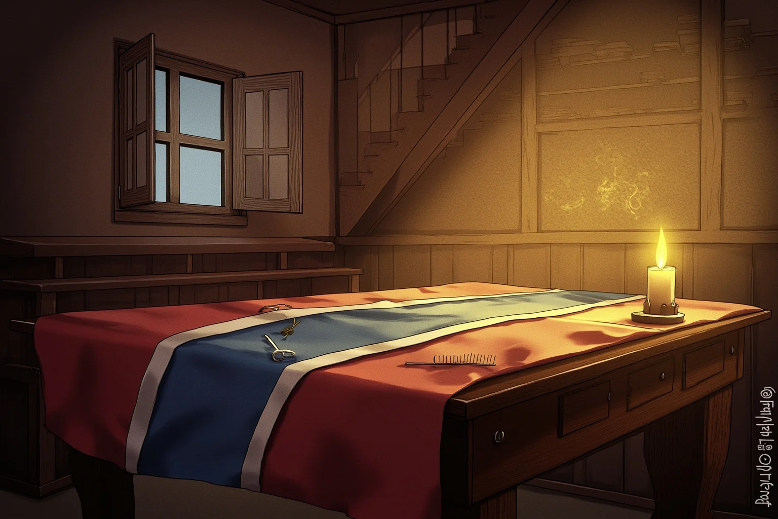 Illustration of a colonial-era sewing room with a flag draped over a wooden table, needle and thread, candlelight, no visible faces