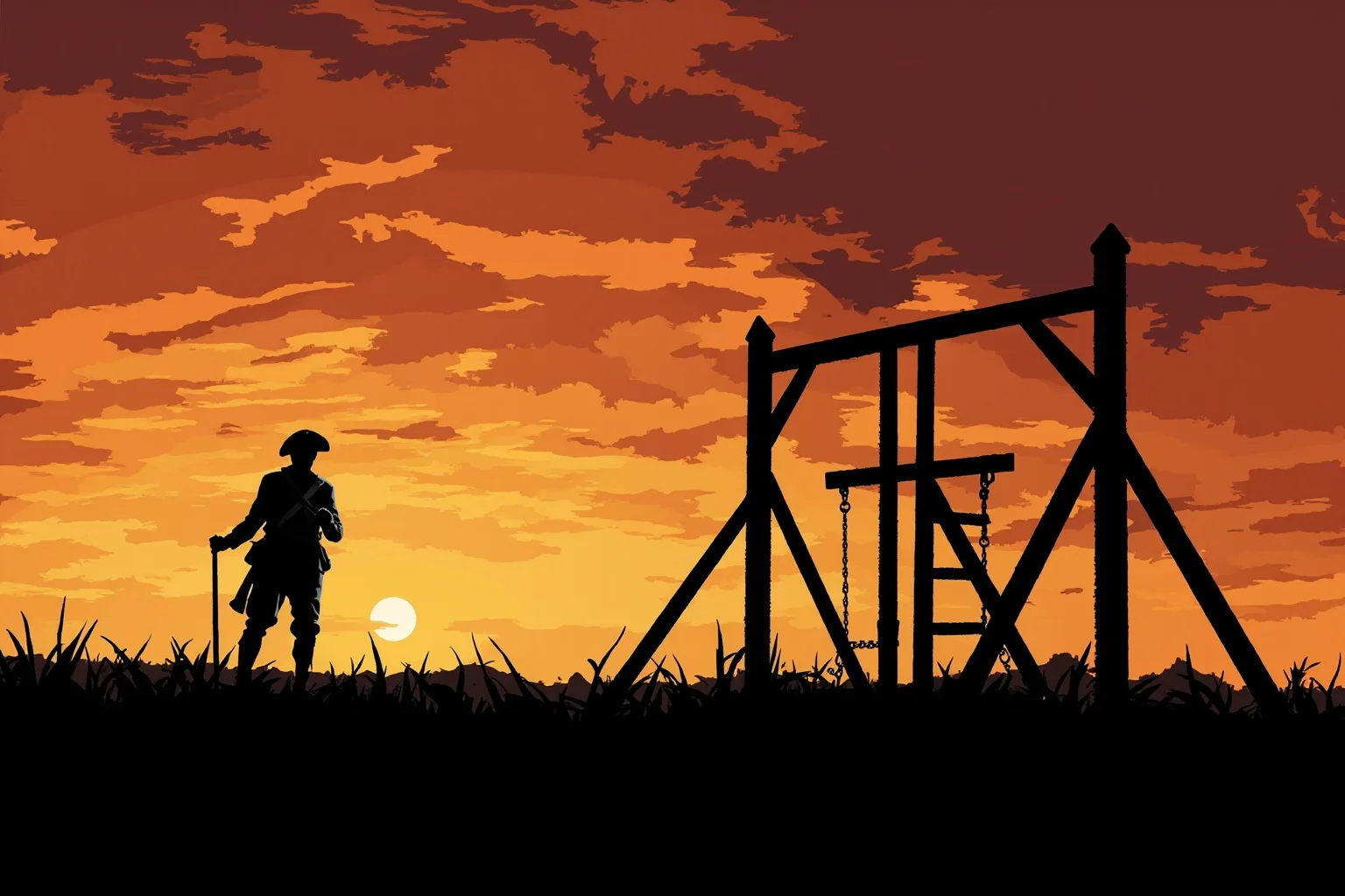 Illustration of a colonial-era soldier standing before a gallows at dawn, silhouette style, dramatic historical tone