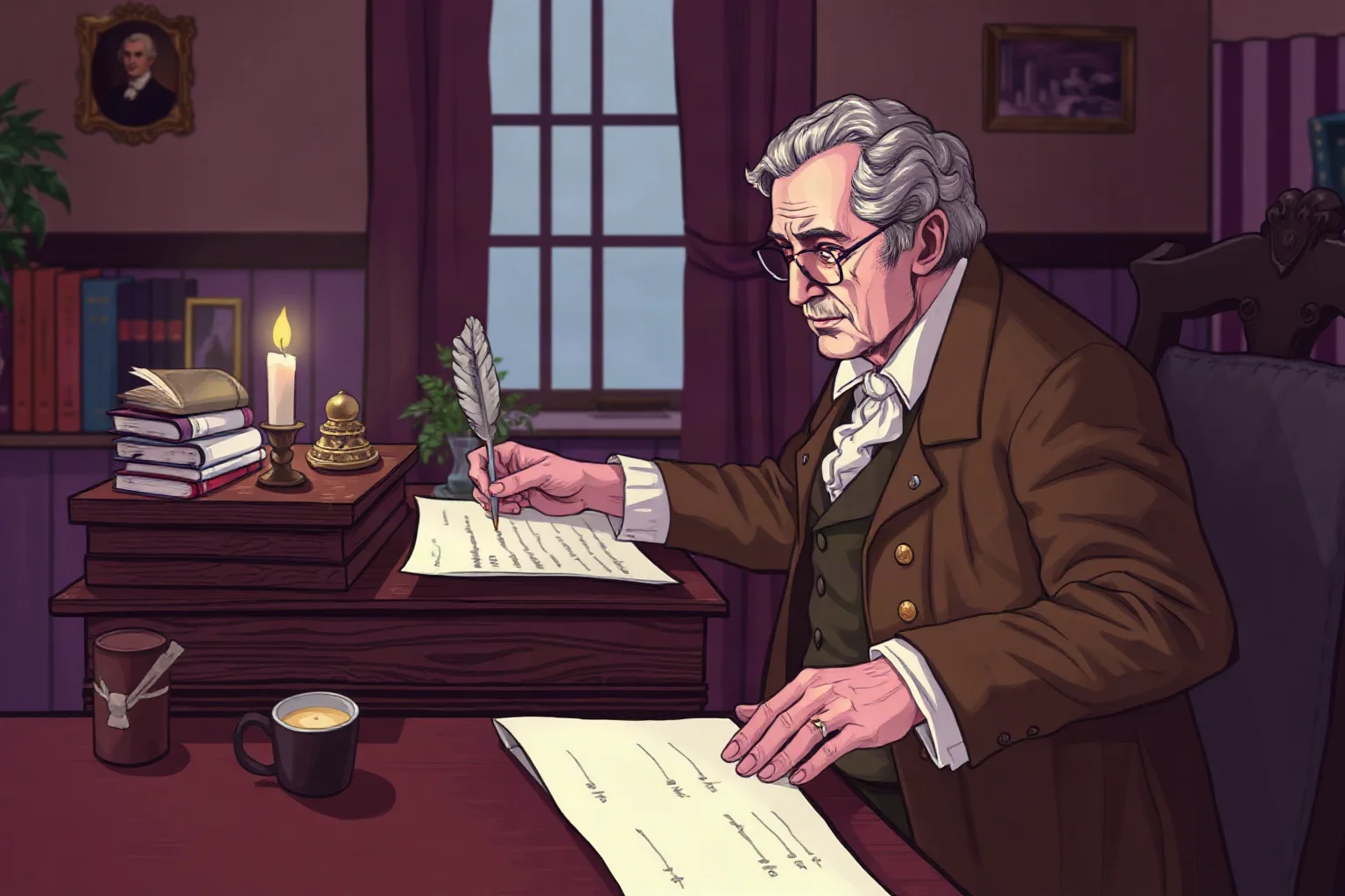 Illustration of a colonial-era statesman writing at a wooden desk with quill and parchment, candlelight setting