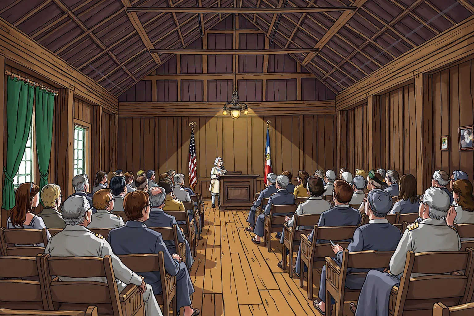 Illustration of a colonial-era wooden assembly hall filled with seated delegates listening to a standing speaker