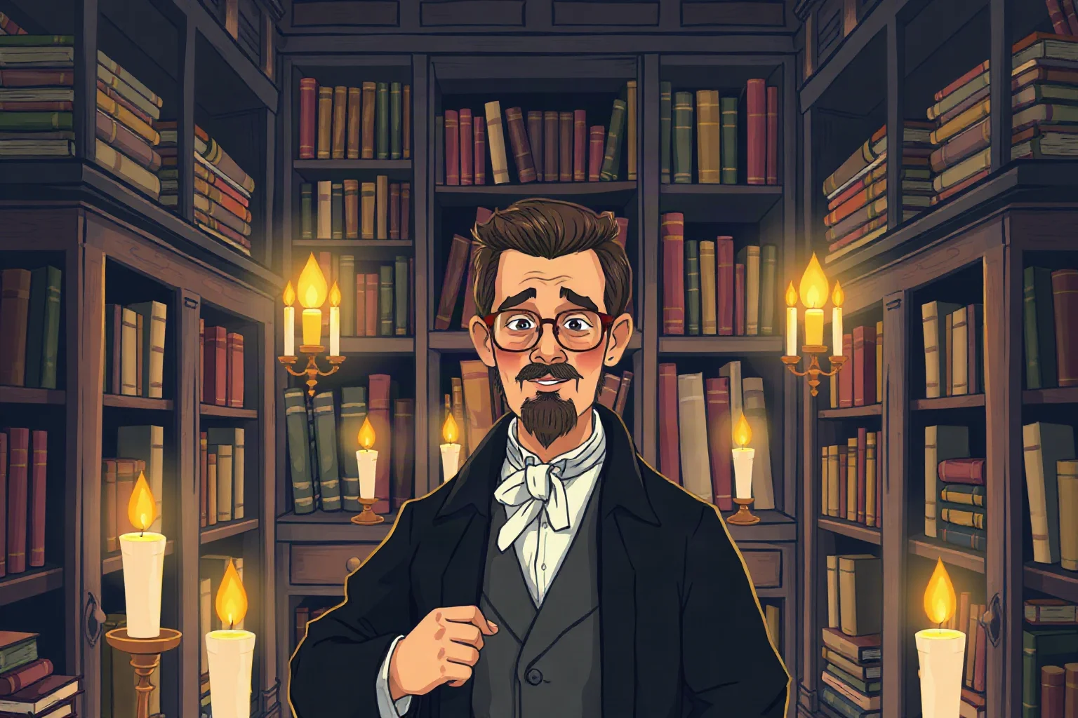 Illustration of a colonial gentleman surrounded by tall bookshelves in a candlelit study
