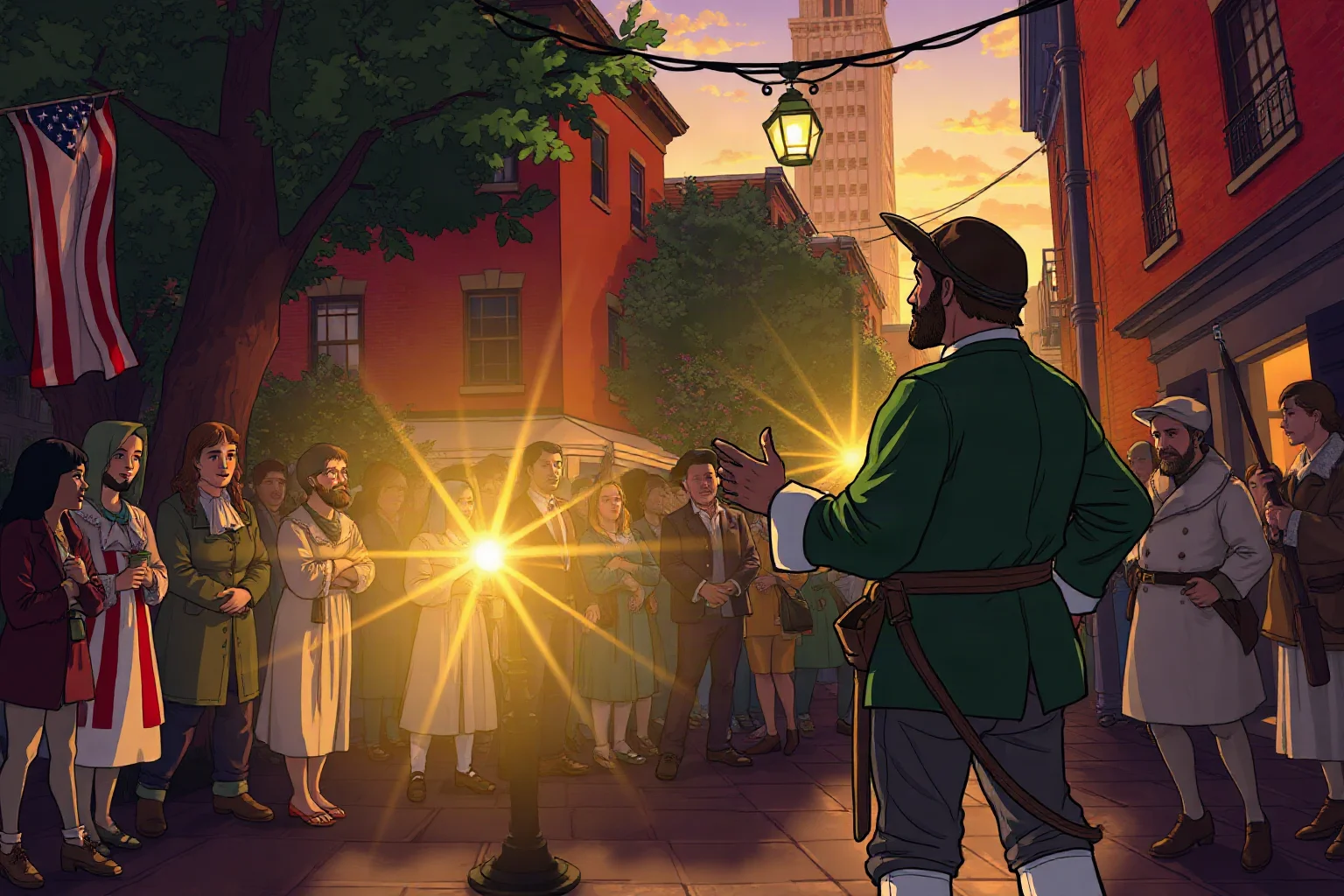 Illustration of a colonial organizer addressing a small crowd of townspeople in a Boston street at dusk