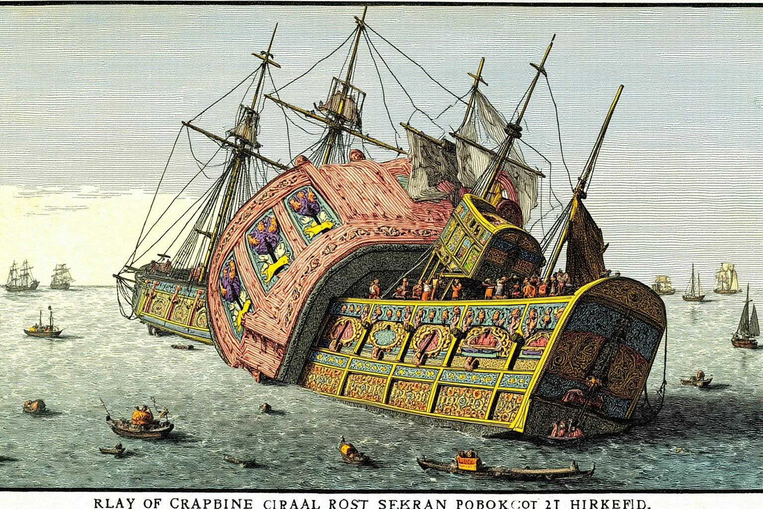 Lost At Sea: 20 Most Famous Shipwrecks in History 4 Illustration of a colorful 17th-century Swedish warship with elaborate carvings capsizing in a calm harbor