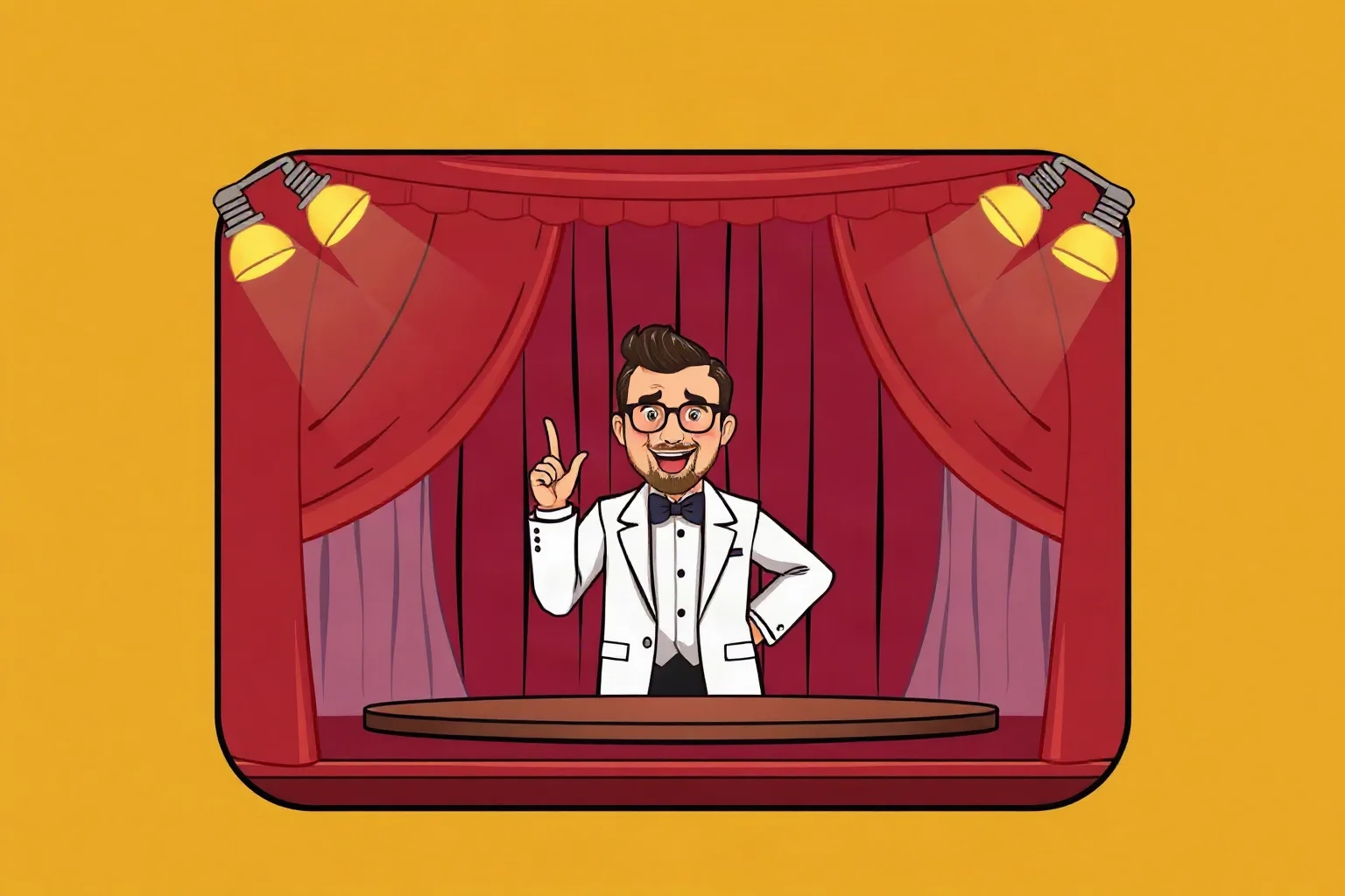 Illustration of a comedic variety show host on a stage with curtains and stage lights, retro television poster style