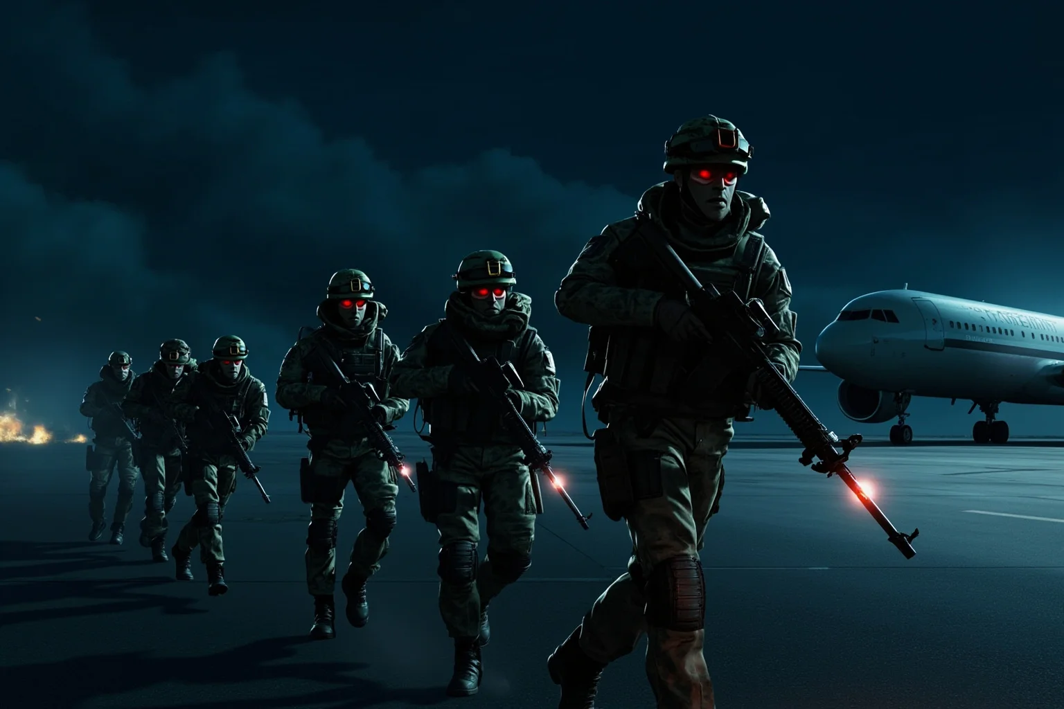 Illustration of a commando team moving across an airport tarmac at night during a hostage rescue