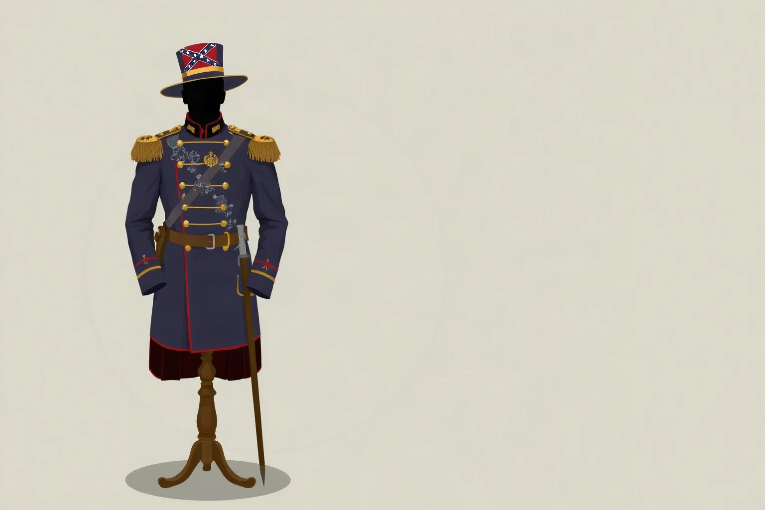 Illustration of a Confederate general's uniform coat, hat, and sword displayed on a stand, without depicting a real person's face
