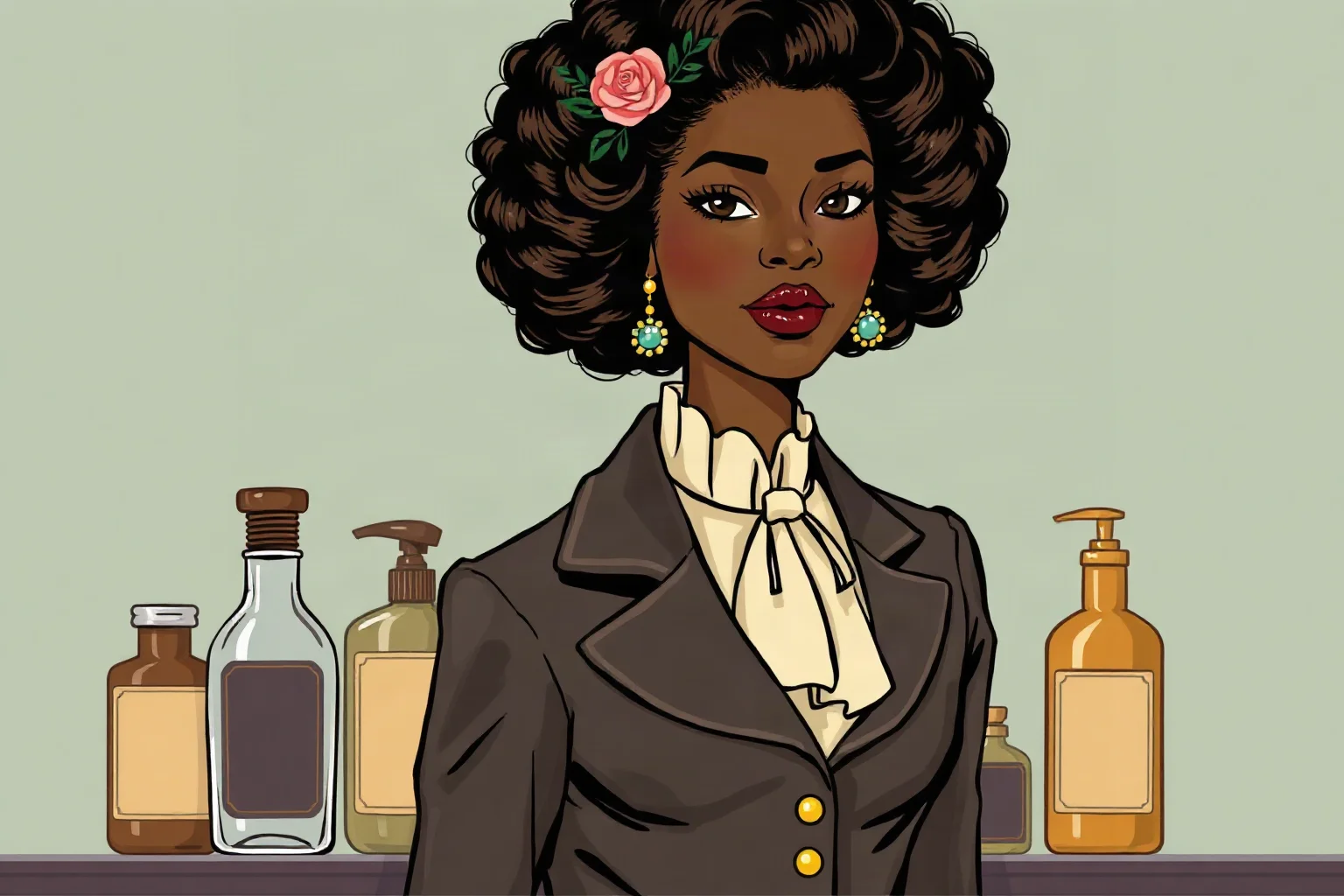Illustration of a confident Black businesswoman in Edwardian dress standing beside vintage hair care product bottles