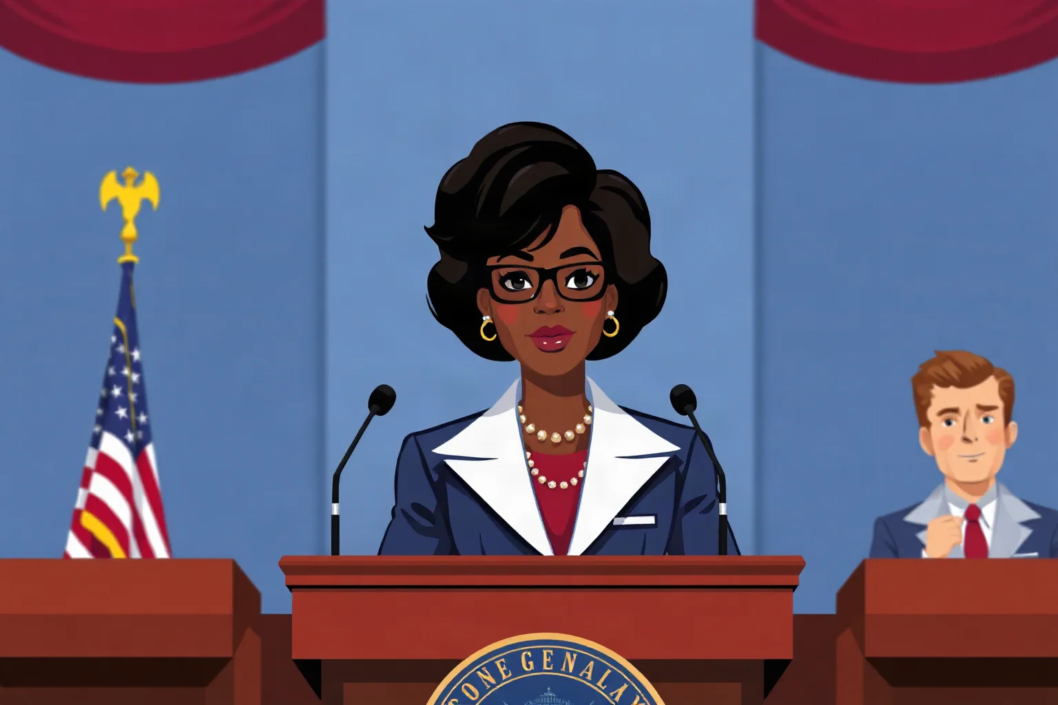 Illustration of a confident Black woman in 1960s professional attire standing at a congressional podium