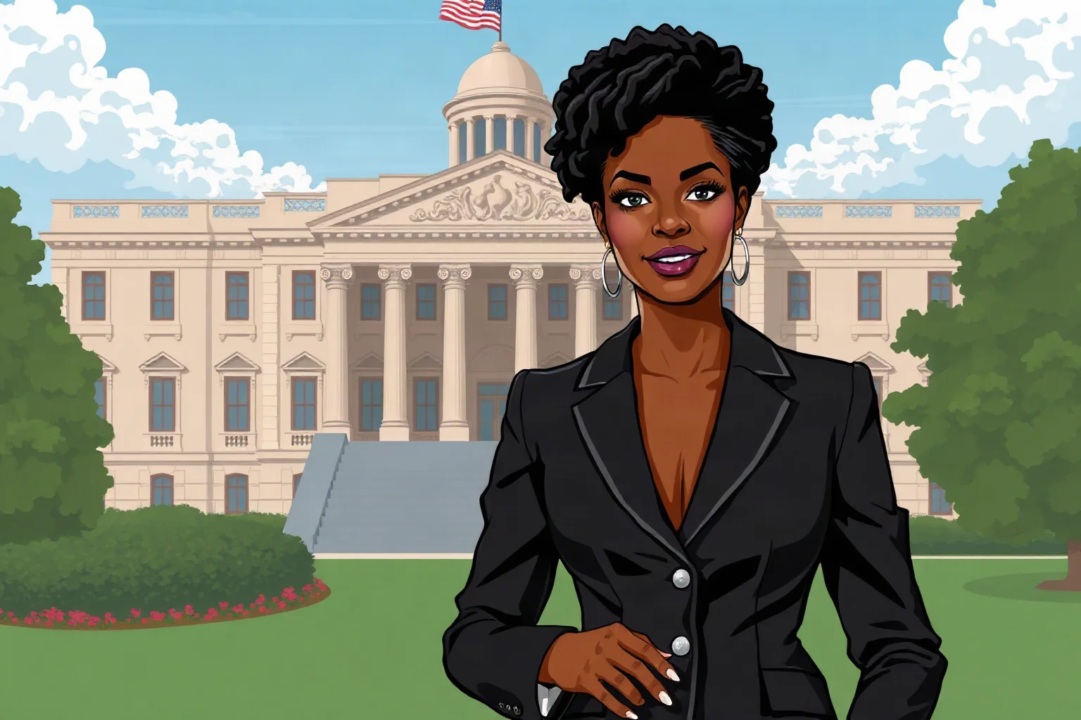 Illustration of a confident Black woman in modern professional attire standing before a grand government building