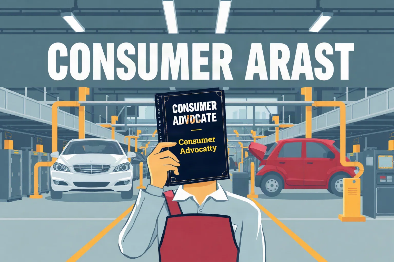Illustration of a consumer advocate holding up a book in front of a factory or automobile assembly line, editorial poster style