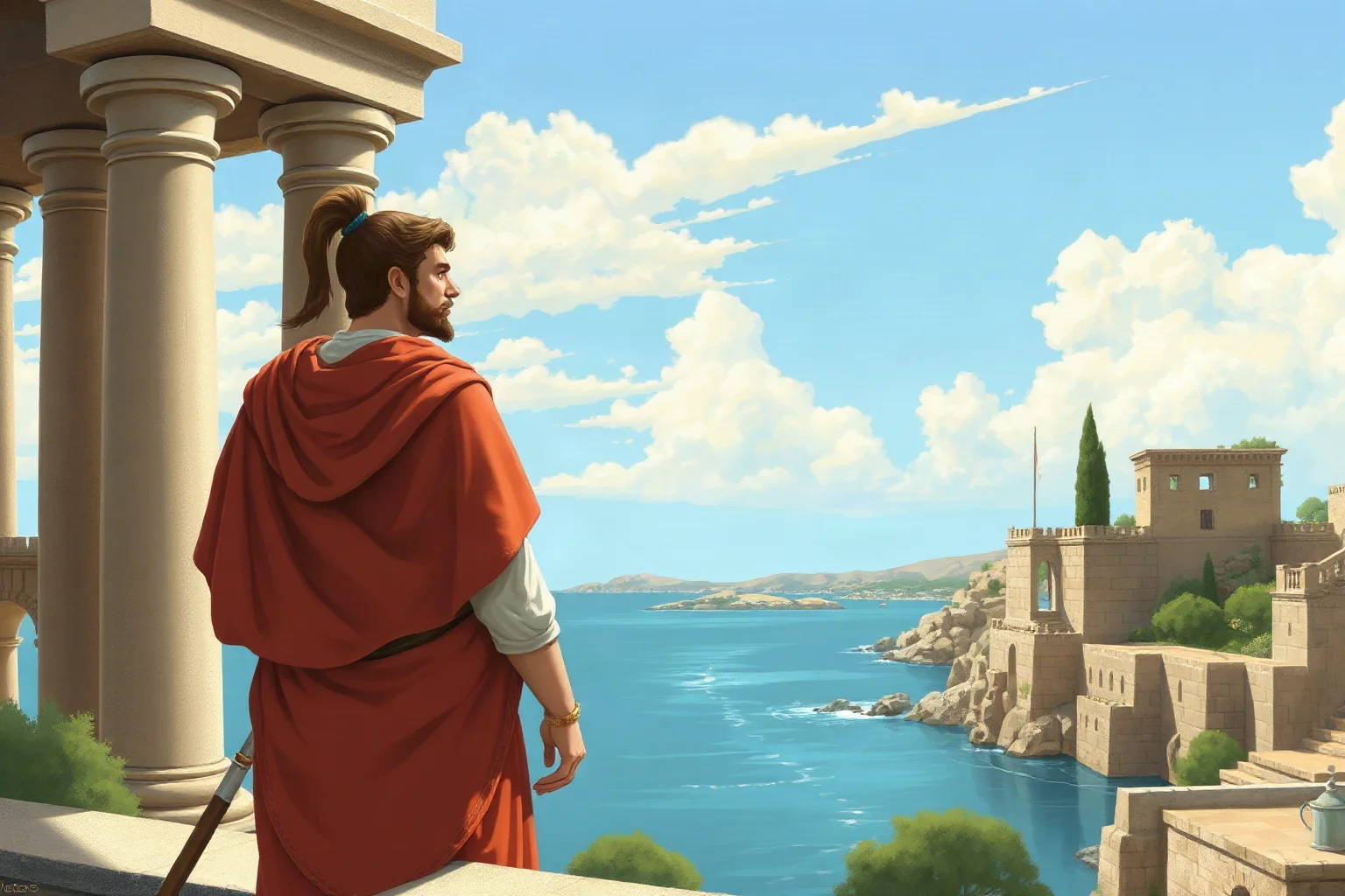 Illustration of a contemplative Roman emperor overlooking the sea from a coastal villa