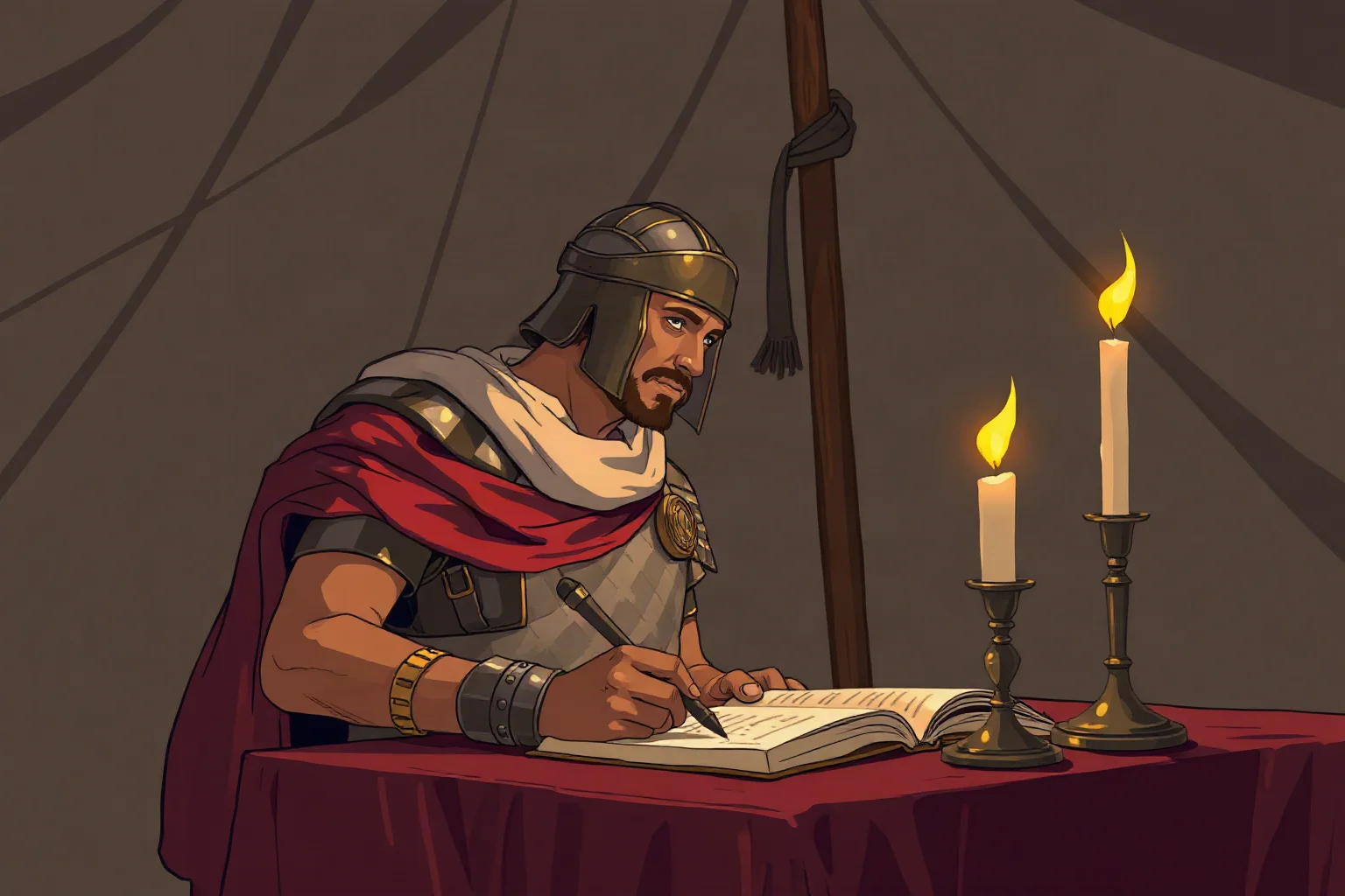 Illustration of a contemplative Roman emperor writing by candlelight in a military tent