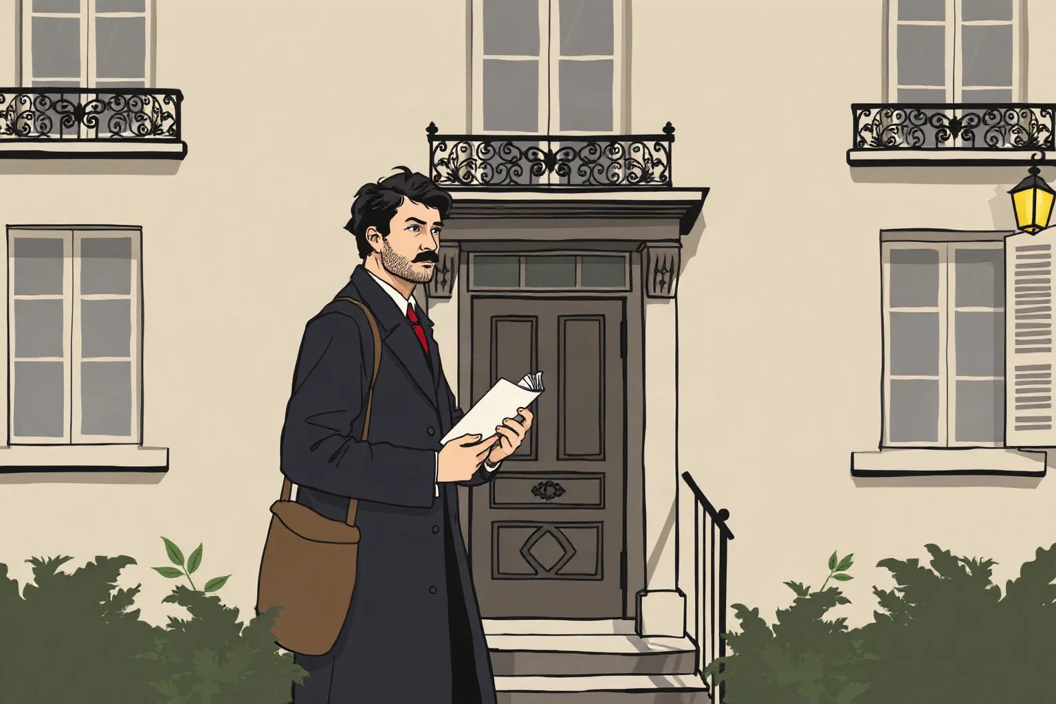 Illustration of a contemplative writer standing outside a modest Paris apartment building holding a manuscript, 1920s style