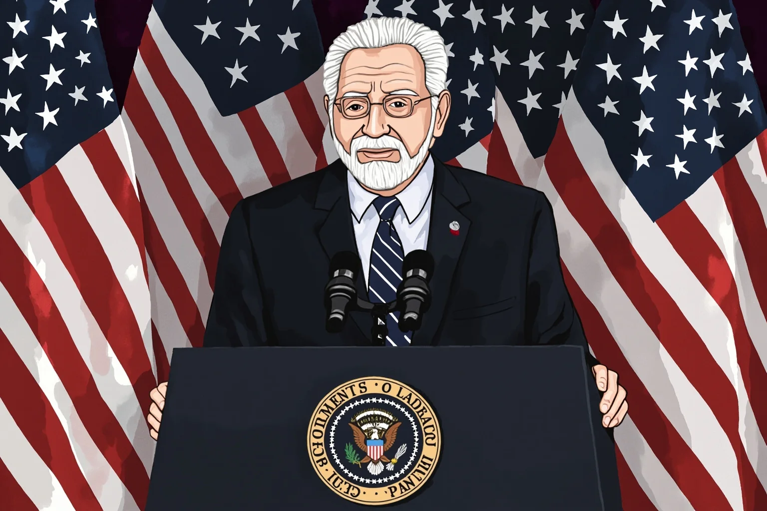 Illustration of a contemporary elderly president at a podium with American flags, rendered in a subdued color palette suggesting a transition of power.