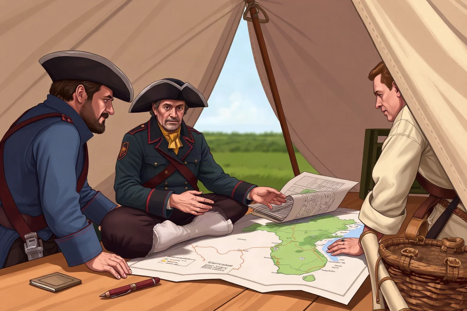 Illustration of a Continental Army general strategizing over a map with officers in a canvas tent