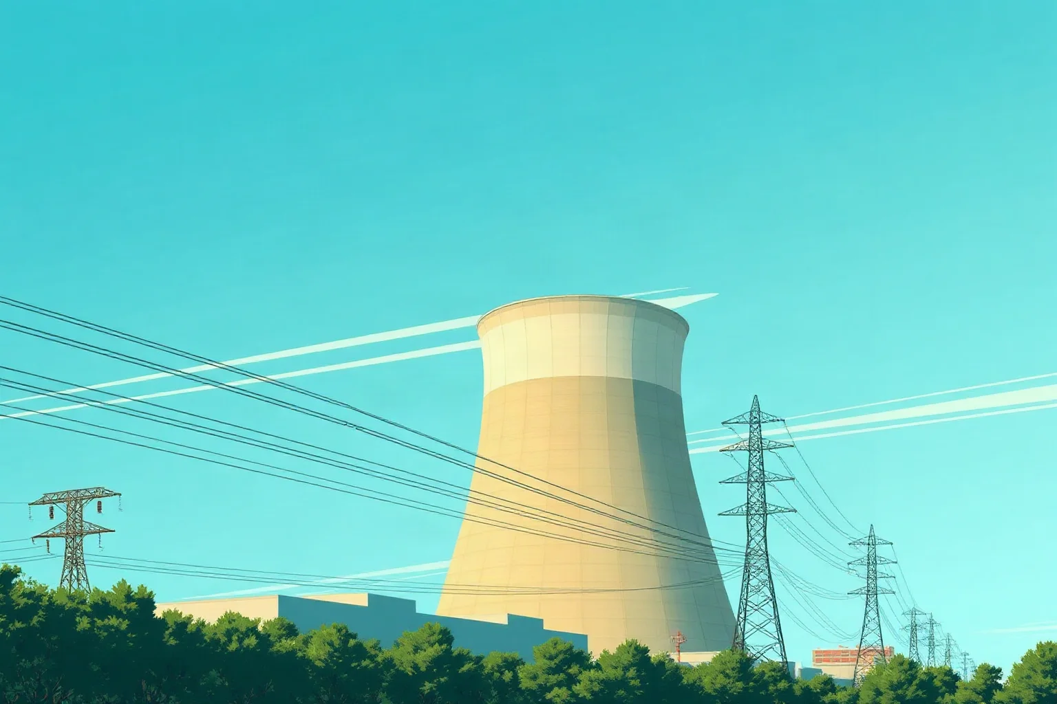 Illustration of a cooling tower and power lines at a mid-century nuclear power plant against a blue sky